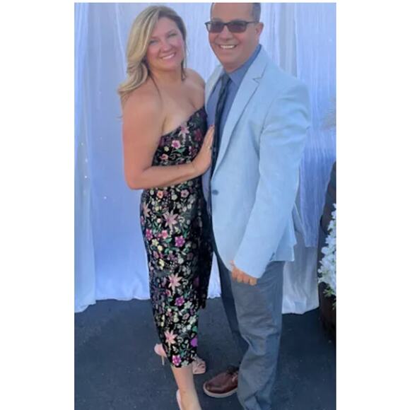 Lulus Make a Move Black Satin Floral Jacquard Strapless Midi Dress Size L - Picture 12 of 13